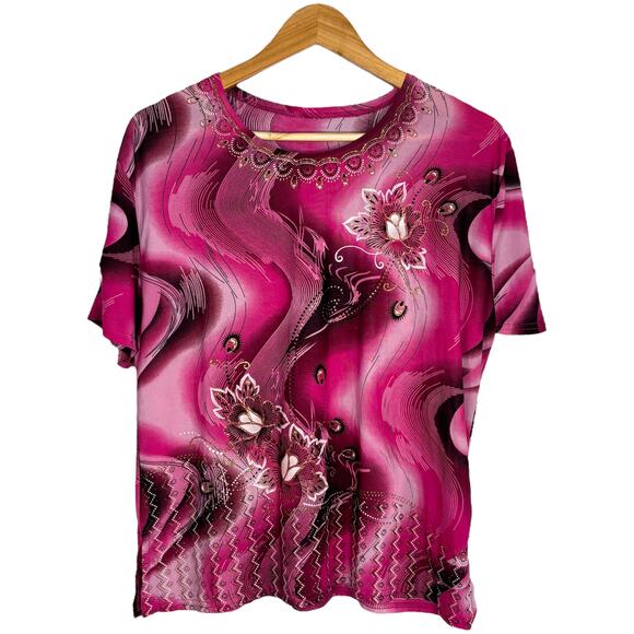 Gold‑Embellished Pink Swirl Floral Top – Boho Vintage Tee - Picture 1 of 2